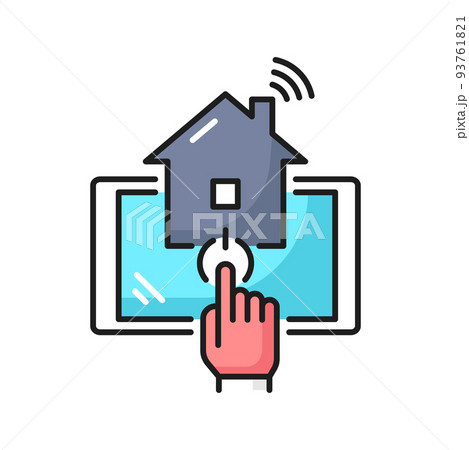 Smart house technology outline icon. Internet of things, home remote control and automation thin line vector icon or minimalistic pictogram with house and hand pressing button on mobile device Smart house technology outline icon. Internet of things, home remote control and automation thin line vector icon or minimalistic pictogram with house and hand pressing button on mobile device 93761821