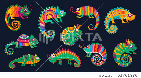 Cartoon Mexican chameleons lizards with folk ethnic ornament, vector reptiles. Tropical lizard animals or chameleon lizards with Latin alebrije pattern, colorful funny characters Cartoon Mexican chameleons lizards with folk ethnic ornament, vector reptiles. Tropical lizard animals or chameleon lizards with Latin alebrije pattern, colorful funny characters 93761886