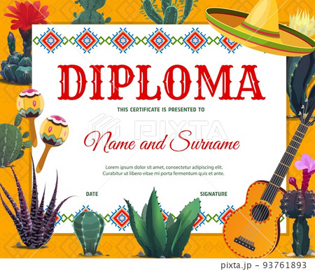 Kids diploma of best cowboy with mexican sombrero, maracas and cactus. Vector certificate of achievement, kindergarten or school diploma, award and gift on background frame of desert plants 93761893