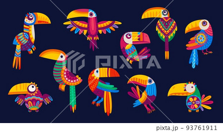 Cartoon mexican and brazilian toucans, funny bird characters, isolated vector. Mexico or Brazil tropical toucan birds with folk ethnic ornament or Latin alebrije art colorful pattern 93761911