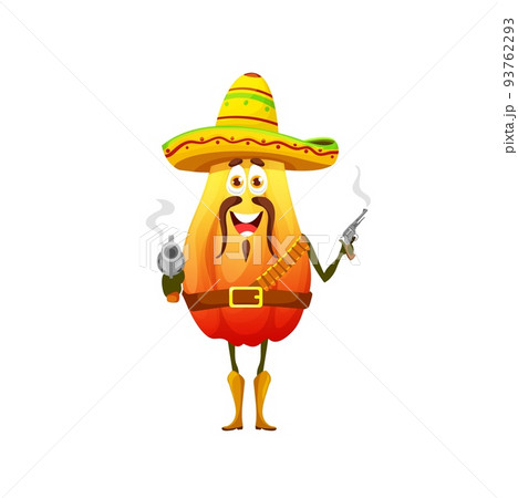 Cartoon mexican cowboy papaya character. Funny vector tropical fruit ranger with steaming guns wear sombrero hat, belt and boots. Wild west hero, sweet food western personage with long mustaches Cartoon mexican cowboy papaya character. Funny vector tropical fruit ranger with steaming guns wear sombrero hat, belt and boots. Wild west hero, sweet food western personage with long mustaches 93762293