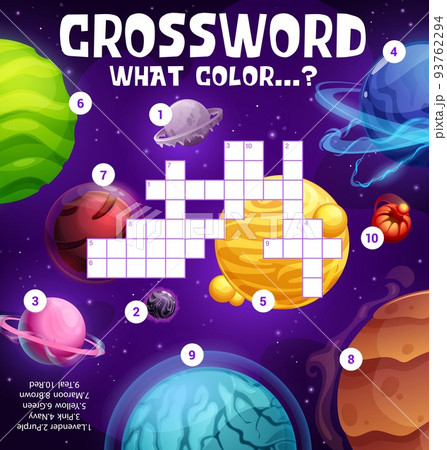 Cartoon alien galaxy space planets vector crossword worksheet. Find a word quiz game or grid puzzle with what color task, fill in square game with green, yellow, pink, red and brown planets and stars 93762294