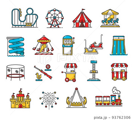 Amusement park, playground and funfair color outline icons with carousel, rollercoaster and roundabout. Amusement park, fair attractions line vector icons with kart, water slide and slot machine 93762306