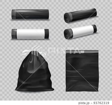 Black plastic garbage bags, trash bin rolls for rubbish, vector realistic mockup. Garbage bags or wastes polyethylene trashbags in rolls, empty and full tied dustbin recycle package 93762319