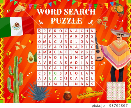 Mexican musician, sombrero, flag and food. Word search puzzle game worksheet. Kids quiz grid, riddle or vocabulary vector game with mexican maracas, cactus and agave, marigold, avocado and quesadilla 93762367