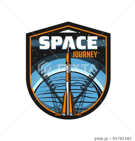 Space journey icon. Spaceflight mission retro icon with rocket ship, on cosmodrome launch pad. Cosmos exploration vintage emblem or galaxy research program vector badge or patch 93762382
