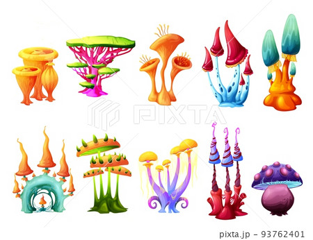 Fantasy magic cartoon mushrooms, fairy tale toadstools and fantasy alien forest trees. Isolated vector fairy witch amanita mushrooms and neon glow toadstools , fantastic game asset Fantasy magic cartoon mushrooms, fairy tale toadstools and fantasy alien forest trees. Isolated vector fairy witch amanita mushrooms and neon glow toadstools , fantastic game asset 93762401