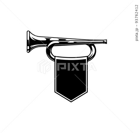 Swallow flag with brass trumpet isolated funfair music instrument monochrome icon. Vector medieval horn with black banner, cornet or natural trumpet. Retro hunting horn of brass, folk music tool Swallow flag with brass trumpet isolated funfair music instrument monochrome icon. Vector medieval horn with black banner, cornet or natural trumpet. Retro hunting horn of brass, folk music tool 93762412
