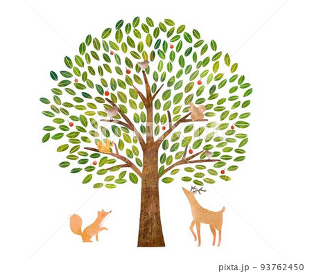 森の動物と手描きの赤い実のある北欧風大きな木ーエコのイメージのイラスト白バック素材 93762450