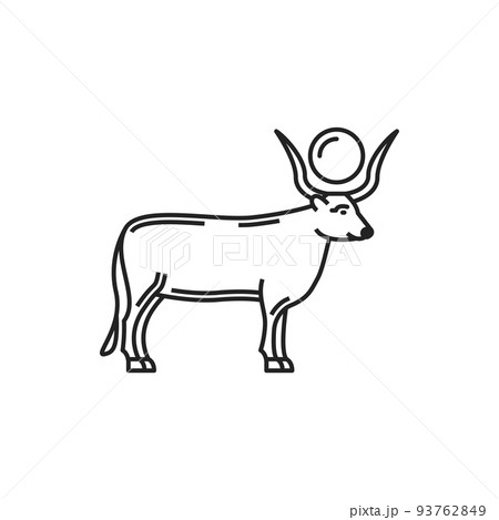 Egyptian mythology bull Buchis, ancient Egypt sacred deity or god animal, vector line icon. Ancient Egypt history, religion and culture symbol of Buchis bull or Bakh ox 93762849