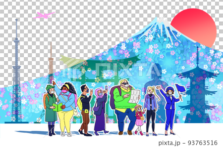 マスクを着用したインバウンド　日本の観光名所を巡るツアーに参加する訪日外国人 93763516