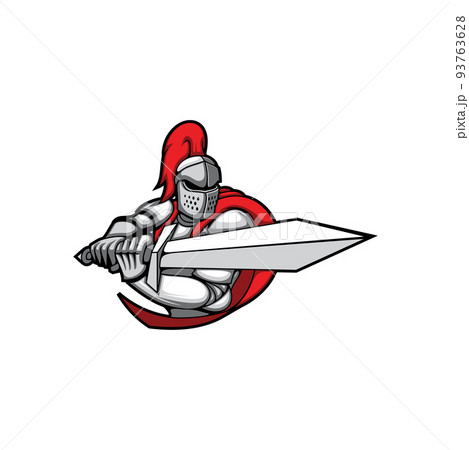 Templar in fight battle isolated emblem of retro hero. Vector costume of italian armor, medieval knight with sword, antique soldier in red cloak and feathers in helmet. Fighting sport club mascot 93763628