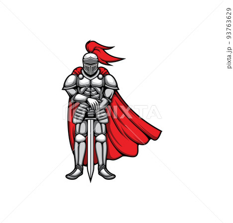Templar knight in metal helmet and breastplate, sword in crossed hands isolated icon. Vector armored hero, retro fighting soldier in fight battle. Warrior medieval knight in armour metal protection 93763629