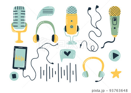 Podcast set. Vector illustration. Doodle style. Collection for broadcasting. Microphones and headphones. 93763648