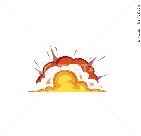 Burst effect, fiery cloud bomb explosion isolated boom flat cartoon sign. Vector fire ignite flame, orange burning blast of radioactive air bomb. Radiation demolition, explode of gas, atomic weapon Burst effect, fiery cloud bomb explosion isolated boom flat cartoon sign. Vector fire ignite flame, orange burning blast of radioactive air bomb. Radiation demolition, explode of gas, atomic weapon 93763655