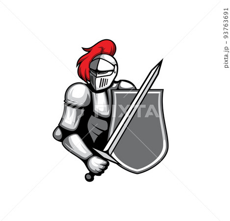 Knight in armour metal protection, warrior with sword, shield, helmet with red feathers isolated warrior. Vector retro medieval hero in heavy metal costume with breastplate, head mask, armor statue 93763691