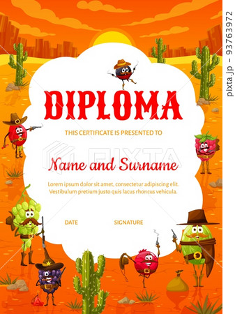Kids diploma, cartoon wild west ranger, cowboy and bandit berry characters. Educational vector school certificate with rosehip, black currant, raspberry, grape, blackberry, cranberry and gooseberry 93763972