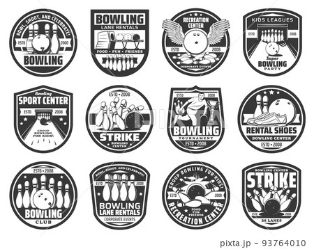 Bowling club ball icons, team strike pin game, vector tournament competition, league badges. Ninepin bowling sport game emblems of ball with wings and champion cup, lane rentals entertainment center 93764010