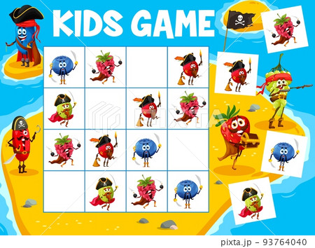 Sudoku kids game, cartoon berry pirates and corsairs on treasure island. Vector worksheet board riddle how many filibusters characters raspberry, cowberry, blueberry and gooseberry on island field Sudoku kids game, cartoon berry pirates and corsairs on treasure island. Vector worksheet board riddle how many filibusters characters raspberry, cowberry, blueberry and gooseberry on island field 93764040
