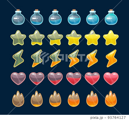 Power, health, magic strength and speed animation sprite, vector video game props. Cartoon animated heart, star, fire and potion drink or lightning icons, power energy or life health animation sprite Power, health, magic strength and speed animation sprite, vector video game props. Cartoon animated heart, star, fire and potion drink or lightning icons, power energy or life health animation sprite 93764127