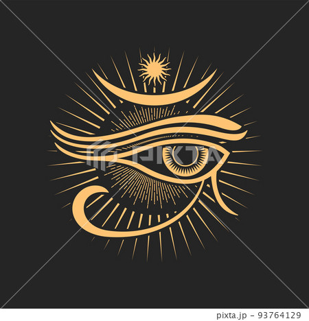 Occult esoteric symbol egyptian Horus all-seeing eye, sun with radiant rays. Vector spiritual magic emblem, isolated alchemy, wicca or pagan sign 93764129