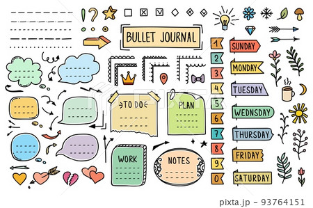 Bullet journal doodle diary color elements, stickers and paper notes, vector notebook frame. Bullet journal planner week day and numbers stickers, to do list or calendar plan labels and banners Bullet journal doodle diary color elements, stickers and paper notes, vector notebook frame. Bullet journal planner week day and numbers stickers, to do list or calendar plan labels and banners 93764151