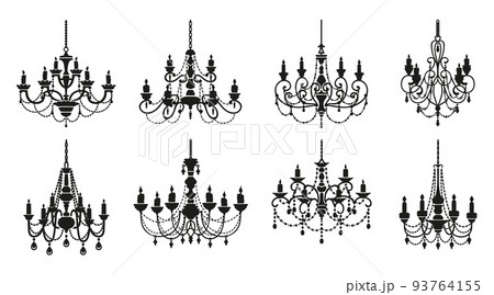 Chandelier silhouettes, candelabra with candlesticks and crystal lamp lights, vector icons. Vintage baroque chandelier lamps or royal lampshades with candles and crystal pendants in black silhouettes 93764155