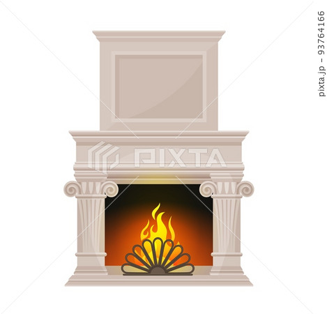 Stone fireplace with pilasters. Home classic fireplace, isolated open hearth, dwelling vector marble stone or concrete fireplace, house interior element with flaming fire, columns and decorative grate 93764166