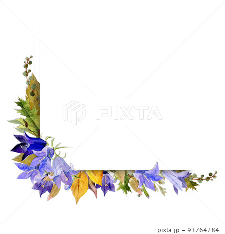 Watercolor frame arrangement with hand drawn autumn petunia and bluebell flowers, branches and leaves. Isolated on white background. Design for invitations, wedding, greeting cards, wallpaper, print 93764284
