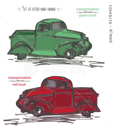 Set vintage car vector illustration. Retro Hand-drawn truck in Ink brush sketch style isolated on white background Set vintage car vector illustration. Retro Hand-drawn truck in Ink brush sketch style isolated on white background 93764401