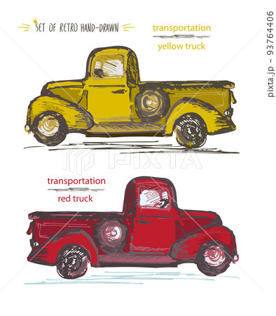 Set of hand-drawn red and yellow trucks. Ink brush sketch Set of hand-drawn red and yellow trucks. Ink brush sketch 93764406