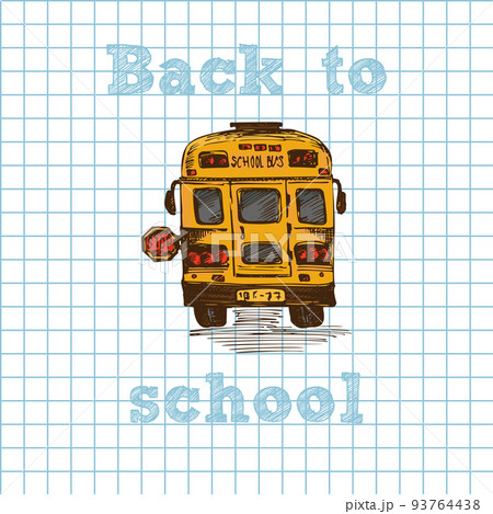 Hand drawn yellow school bus symbol on cell notebook seamless background. With text Back to School. Vintage background. Good idea for chalkboard design Hand drawn yellow school bus symbol on cell notebook seamless background. With text Back to School. Vintage background. Good idea for chalkboard design 93764438
