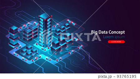 Isometric big data flow processing concept, database. Abstract technology background. Vector illustration 93765195