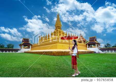 Asian woman wearing laos traditional at Phra that luang in Vientiane, Laos. 93765858