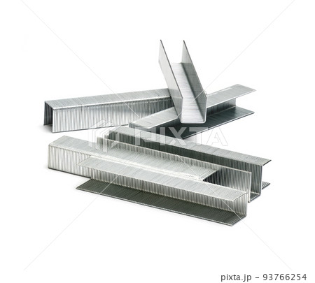Metal staples for staple gun isolated on white background. 93766254