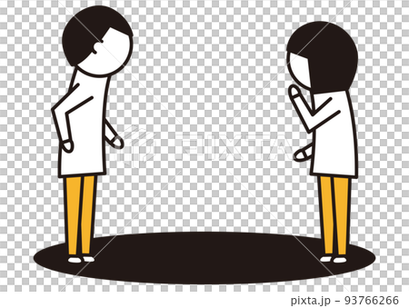 向かい合って戸惑う男女_線画イラスト_黒と黄色 93766266