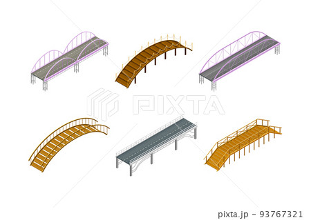 Fixed Bridges Made of Wood and Metal with Beam and Arch Bridge Isometric Vector Set 93767321
