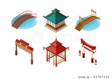 Asian Architecture with Pagoda, Bridge, Gate and Gazebo Isometric Vector Set 93767334