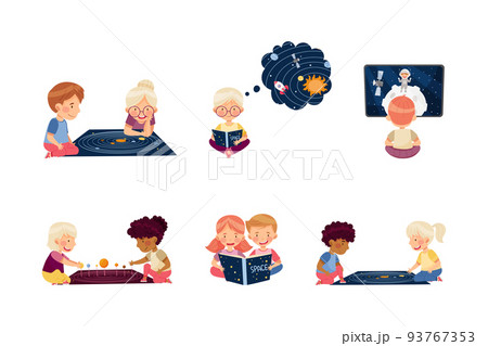 Investigative Little Boy and Girl Studying Space and Galaxy Examining Solar Planets Vector Set Investigative Little Boy and Girl Studying Space and Galaxy Examining Solar Planets Vector Set 93767353