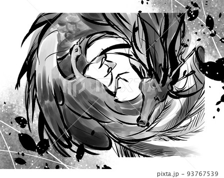 墨絵のような龍と鳳凰 93767539