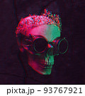 human skull in a crown and steampunk glasses with a cracked texture and 3d glitch effect 93767921