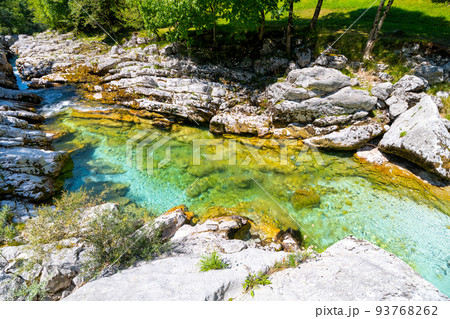 Clear water of Soca River at Small Soca Gorge Clear water of Soca River at Small Soca Gorge 93768262