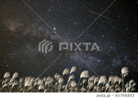ススキと天の川と流れ星 93768803