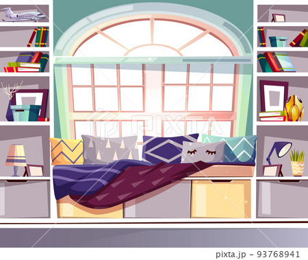Bay window seat at home library vector interior Bay window seat at home library vector interior 93768941