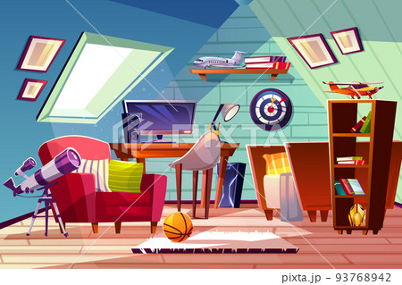 Teen boy kid room at garret attic vector interior 93768942