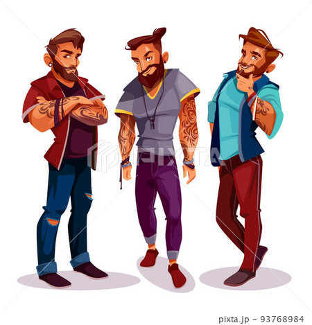 Vector cartoon Arab hipsters with tattoos, trendy clothing 93768984