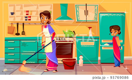 Indian housewife cleaning kitchen vector illustration 93769086