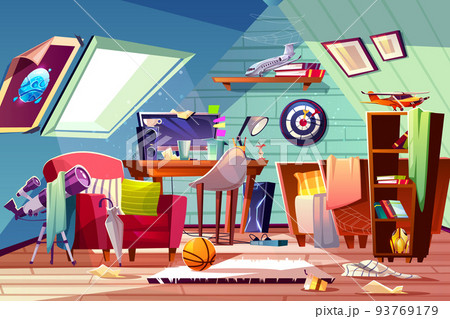 Teen boy messy attic room interior cartoon vector 93769179