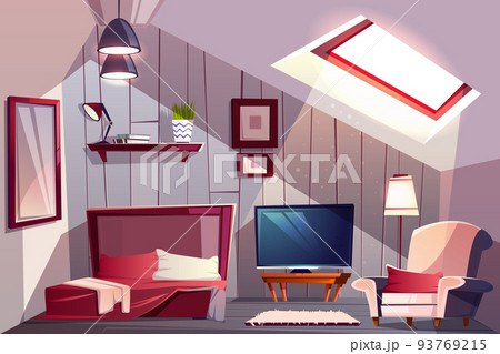 Guest bedroom on attic cartoon vector interior 93769215