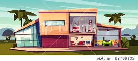 Vector cartoon cottage, detached house cross section 93769305